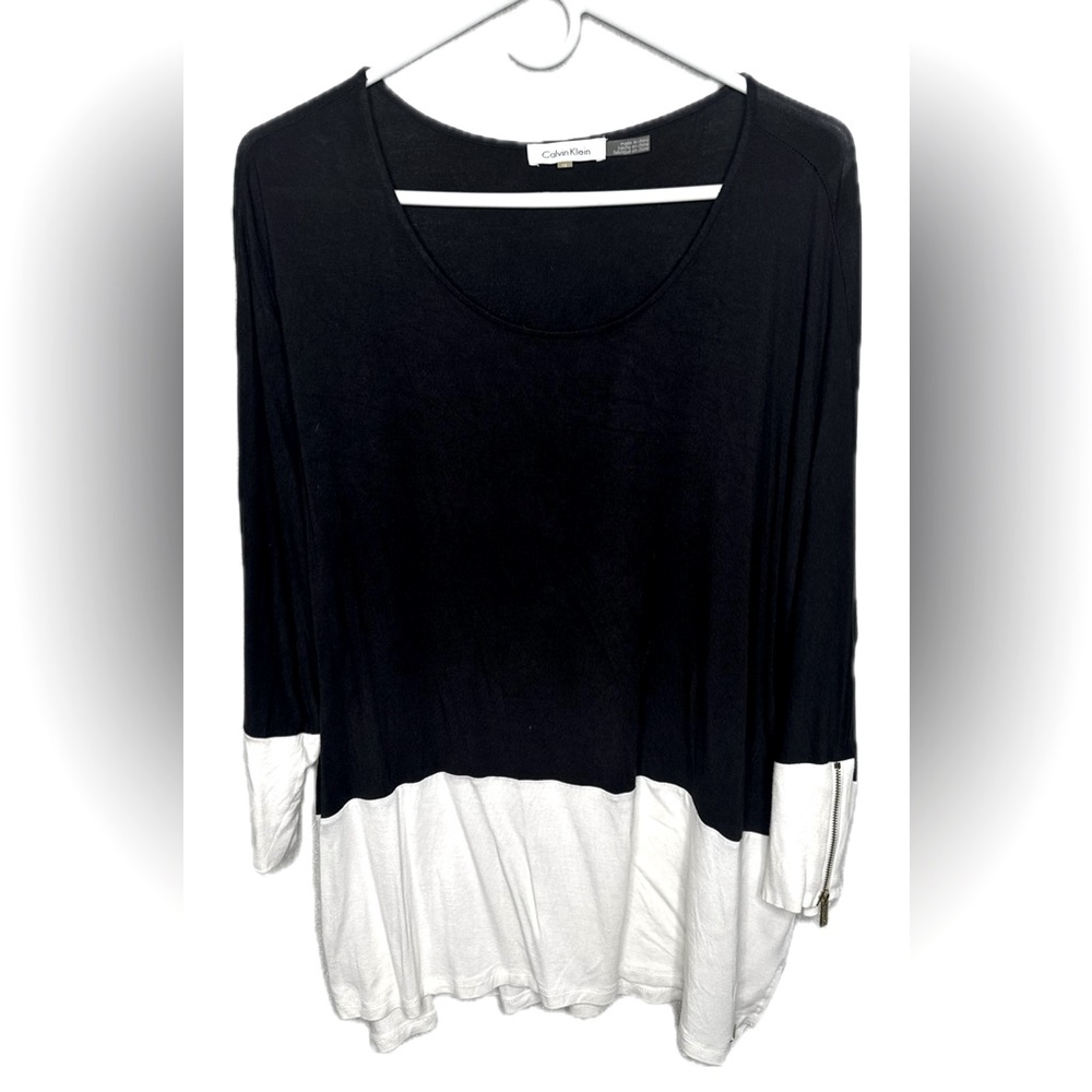 Calvin Klein Black and White Long-Sleeved Shirt with gold zippers accents